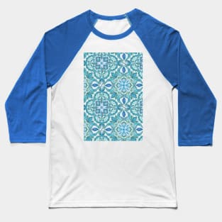 Colored Crayon Floral Pattern in Teal & White Baseball T-Shirt